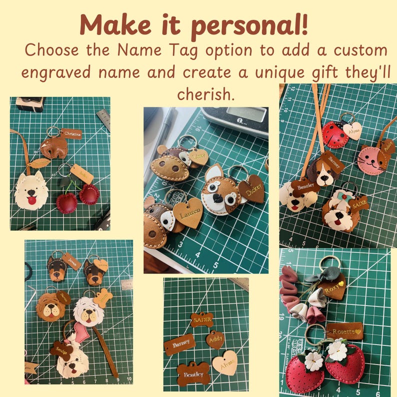 May include: A collection of leather keychains featuring various animal shapes, fruits, and flowers, each attached to a metal ring. Several pieces include small rectangular or heart-shaped leather tags engraved with names like Christine, Lauren, and Bentley.