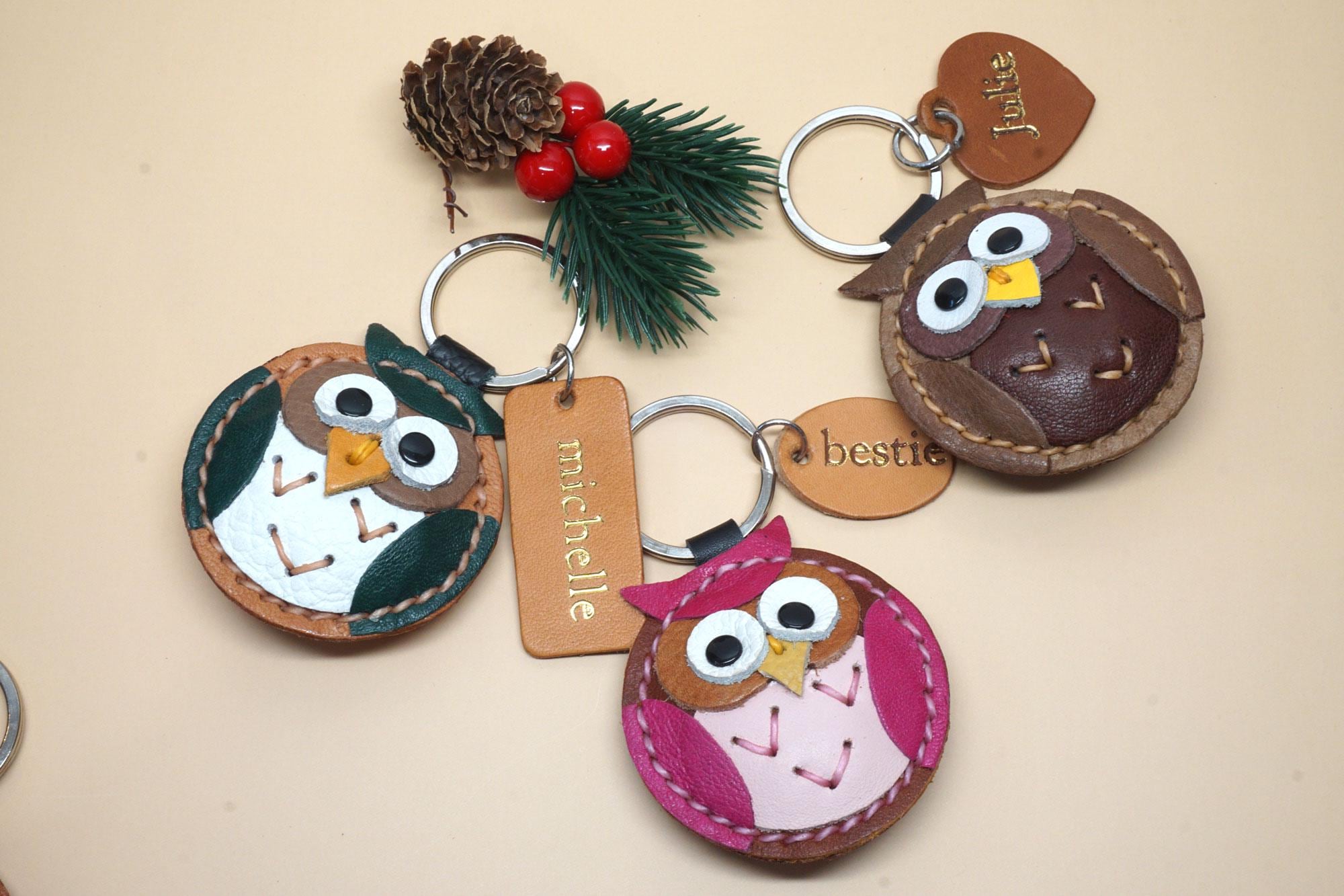 Personalized Leather Owl Keychain: Custom Bag Charm, Animal Keyring