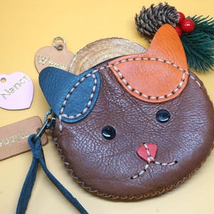 Katzengesicht Leder Münztasche, handgenähte Leder Münztasche, minimale Geldbörse aus Leder, Katzen Geldbeutel, Geldbörse für Münze, kleine Geldbörse