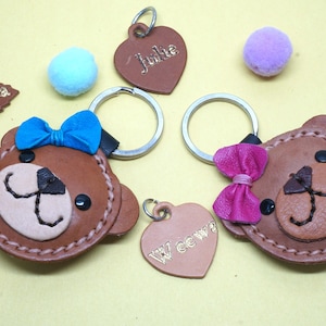 Teddy Bear Keychain: Personalized Leather Plush Charm with Name Tag