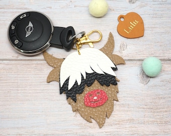 Handmade Highland Cow Keychain: Pebble Leather cow Bag Charm