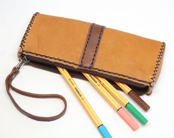 Leather pen case, pencil box,Minimalist leather bag ,pen pouch, leather pen holder, lipstick bag, zipper pouch, organizer bag, eye glasses