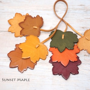 May include: A collection of leather maple leaf cutouts in shades of yellow, orange, brown, green, and deep red, attached to a thin leather cord. The text SUNSET MAPLE is printed in black in the lower left corner of the image.