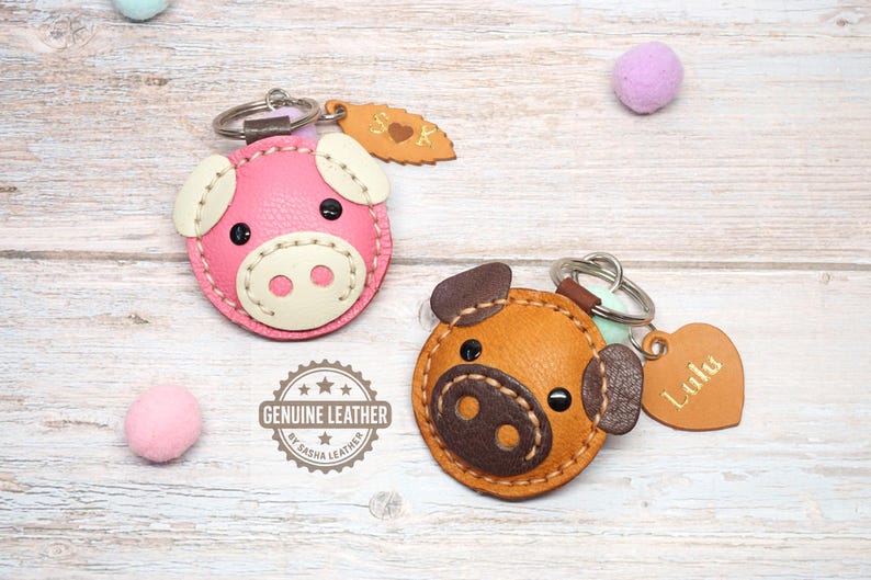 Leather Pig Keychain, Piggy Keyring, Handmade Keychain With ...