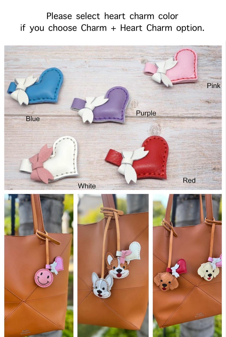 May include: A variety of heart-shaped charms in blue, purple, pink, white, and red, each with a white bow. The image also shows brown tote bags with attached charms, including a smiley face, dog faces, and heart charms.