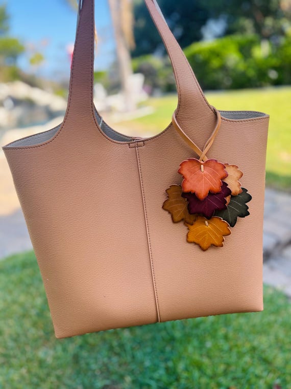 Full Grain Leather Maple Leaf Bag Charm: Handcrafted Tote Accessory