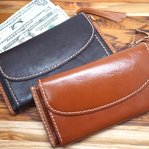 Cartera plegable de piel auténtica para mujer, cartera de piel tipo sobre, cartera de piel con monedero, regalo para el Día de la Madre.