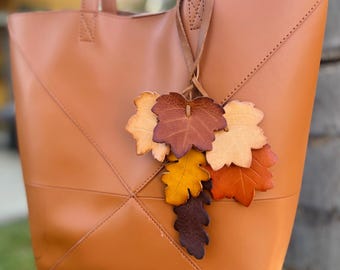 Full Grain Leather Maple Leaf Bag Charm: Handcrafted Tote Accessory