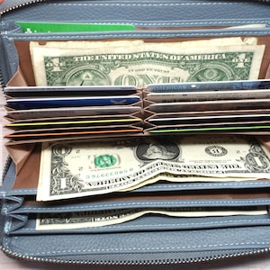 Carteira longa de couro com RFID para mulheres - Carteira grande de couro - Carteira de couro com bolso para moedas - Bolsa de couro bovino genuíno - Protegida por RFID