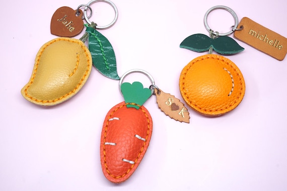 Handmade Leather Fruit Keychain: Apple, Orange, Mango,Lemon, Carrot Bag Charm