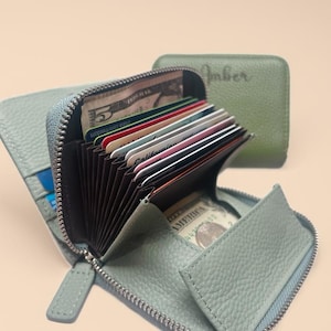 Personalized wallet Pebbled Leather RFID Card Wallet – Zippered Coin Pocket with name