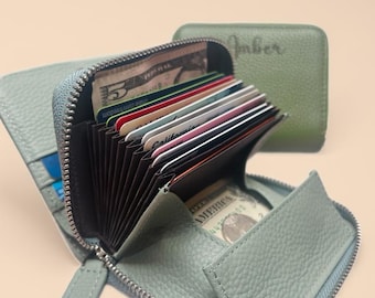 Personalized wallet Pebbled Leather RFID Card Wallet – Zippered Coin Pocket with name