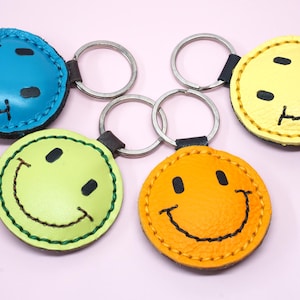 Personalized Leather Smiley Face Keychain - Happy Charm
