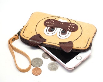 Rabbit leather bag, Leather Phone case and wallet, Leather wristlet clutch phone bag, small wallet, Minimal zipper pouch, iphone case,