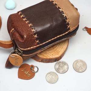 Monedero de cuero - Tarjetero con cremallera - Monedero de cuero cosido a mano - Monedero pequeño con cremallera y etiqueta con nombre personalizada