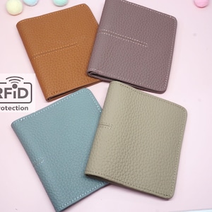 Cartera de piel de grano completo con RFID - Cartera plegable delgada para mujer - Mini billetera de piel con tarjetero