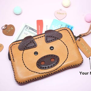 Portafoglio a forma di maiale - Custodia per telefono a forma di maiale - Porta carte in pelle con targhetta identificativa - Regalo fatto a mano in vera pelle - Portafoglio personalizzato con animali