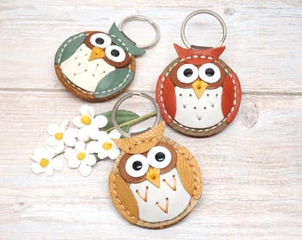Personalized Leather Owl Keychain: Custom Bag Charm, Animal Keyring