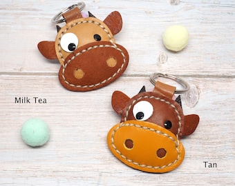 Leather Cow Keychain: Farm Animal Keyring Gift