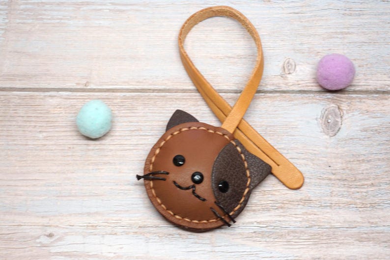 Handmade Leather Cat Bag Charm: Purse Accessory Ornament Brown