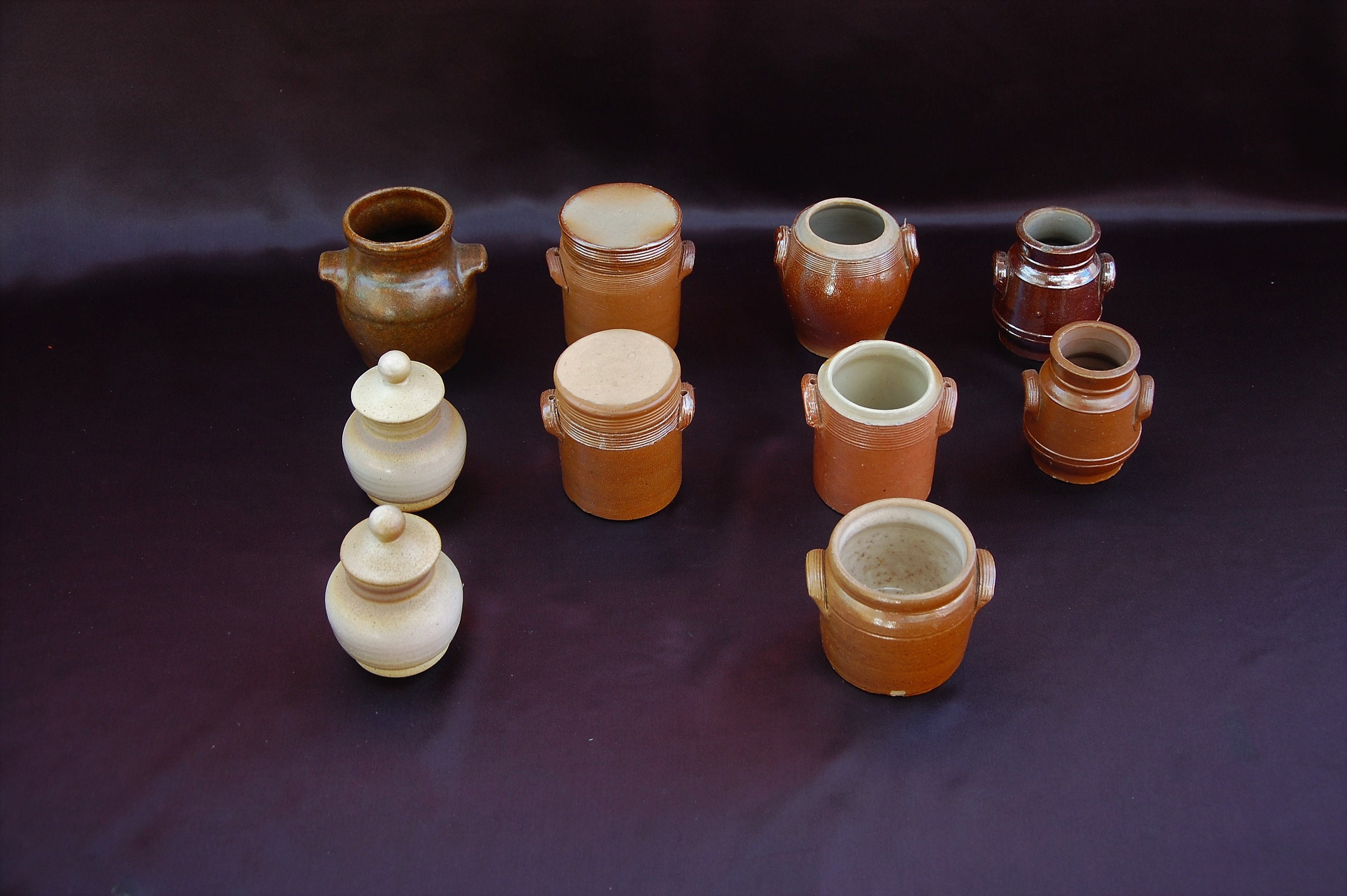 10 Français Petits Pots en Grès Vintage