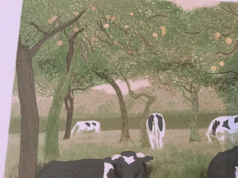 Rare Carolyn Trant lithograph print cows in orchard 1983 limited edition of 200 Royal Academy