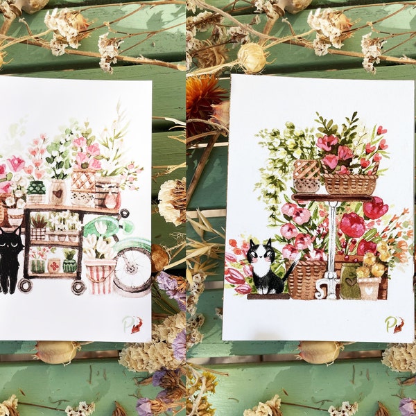 Set de 2 cartes postales "Chats fleuristes"