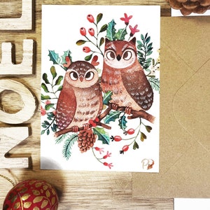 carte postale - "couple chouettes Noël"