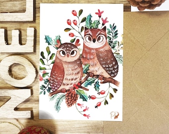 carte postale - "couple chouettes Noël"