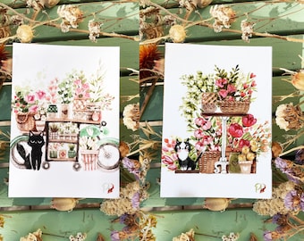 Set de 2 cartes postales "Chats fleuristes"