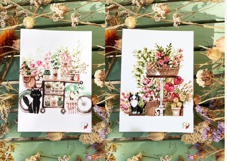 Set de 2 cartes postales Chats fleuristes image 1