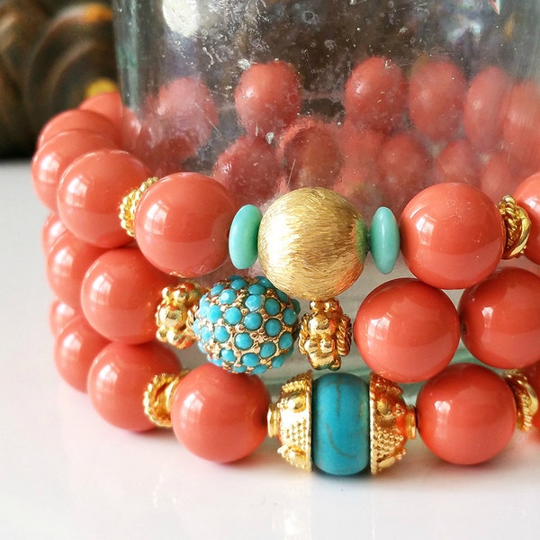 Coral Bracelet with Gold Vermeil Bead Boho Preppy Beaded Bracelets