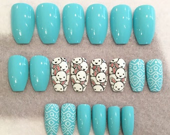 Easter Bunny Fake Nails, Faux Nails, Glue On Nails, Blue Nails, Pastel, Bunny, Easter, Press On Nails, Gloss, Matte