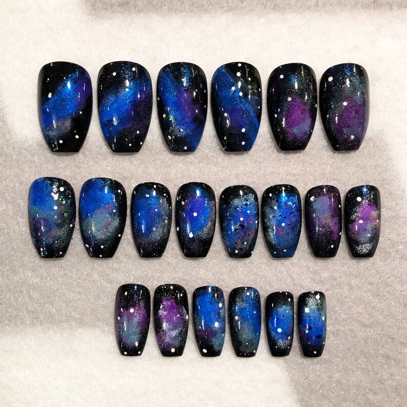 Galaxy Fake Nails Faux Nails Glue On Nails Black Nails Etsy