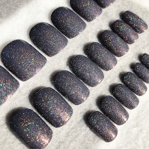 Gray Holographic Fake Nails, Faux Nails, Glue On Nails, Holographic, Scattered Holo, Rainbow, Gray Nails, Sparkle Nails, Gloss Nails image 1