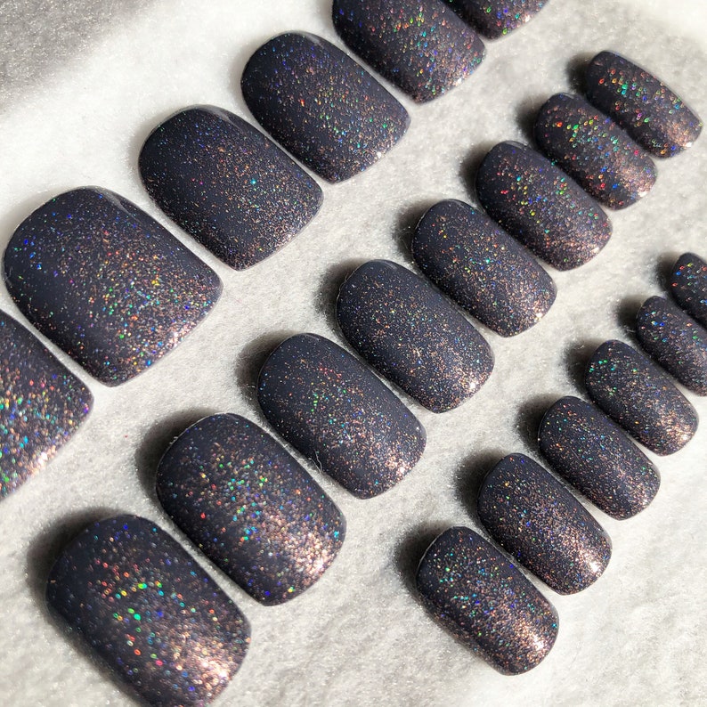 Gray Holographic Fake Nails, Faux Nails, Glue On Nails, Holographic, Scattered Holo, Rainbow, Gray Nails, Sparkle Nails, Gloss Nails image 1