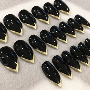Black And Gold Stiletto Fake Nails, Faux Nails, Gold Tips, French Tips, Stiletto Nails, Glue On Nails, Black Nails, Gloss Nails, Matte Nails image 1