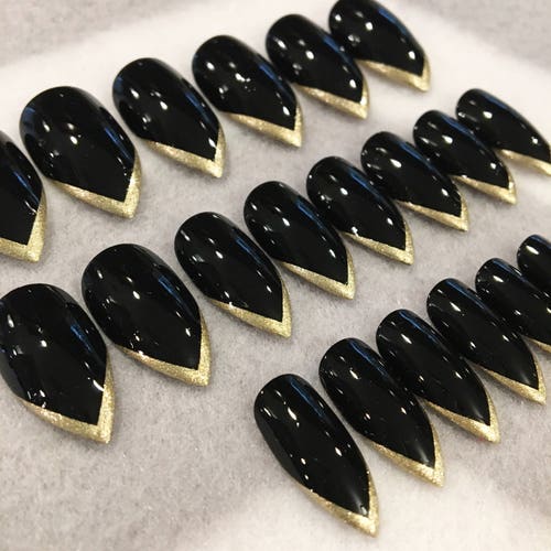 Black and Gold Stiletto Fake Nails Faux Nails Gold Tips | Etsy