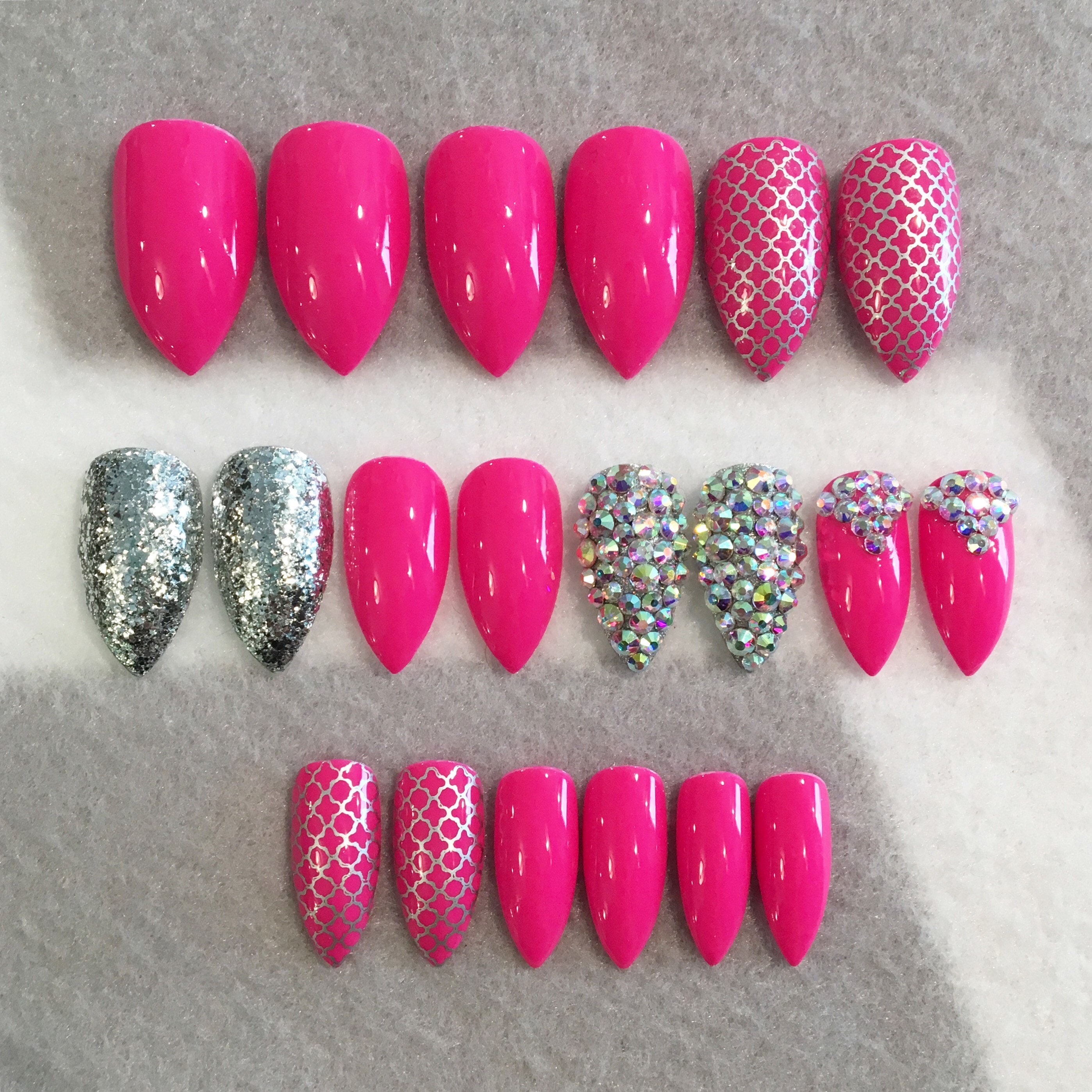Hot Pink and Silver Fake Nails Faux Nails Glue on Nails - Etsy Hot Pink and Silver Fake Nails Faux Nails Glue on Nails - Etsy