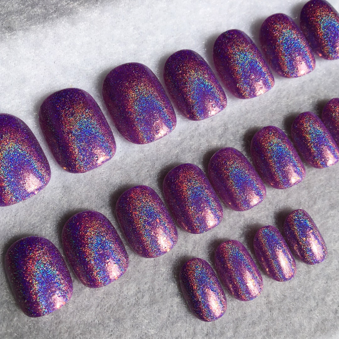 Lavender Holographic Fake Nails, Faux Nails, Glue on Nails, Holographic ...