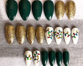 Festive Fake Nails, Faux Nails, Green Nails, Gold, Christmas, Glue On Nails, Glitter, Holiday Lights, Press On Nails, Gloss Nails