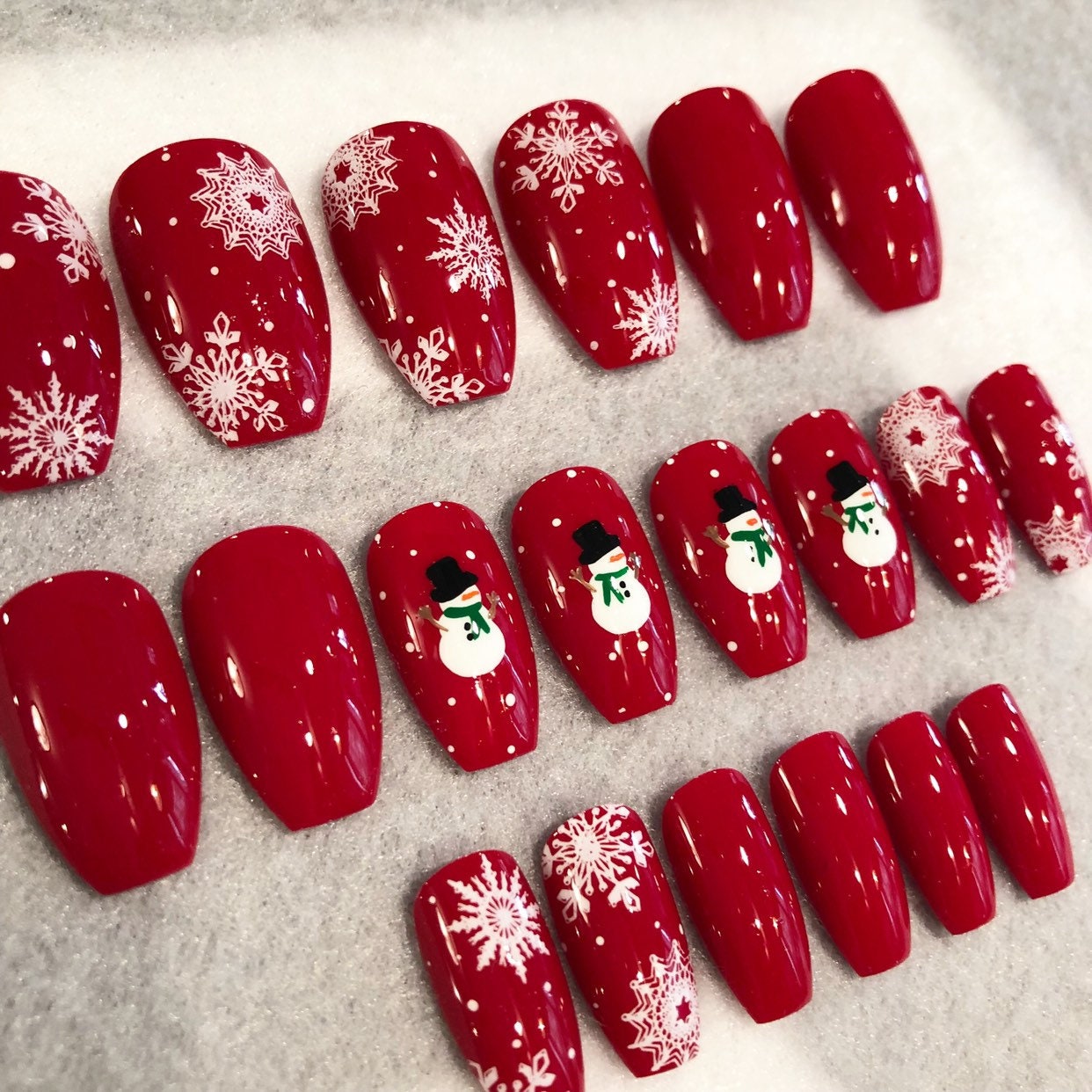 Red Snowman Fake Nails Faux Nails Glue On Nails Red | Etsy