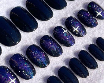 Galaxy Fake Nails, Faux Nails, Glue On Nails, Black Nails, Blue Nails, Galaxy Nails, Outer Space, Universe, Glitter, Press On Nails, Gloss