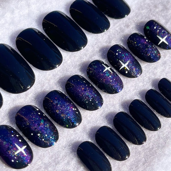 Navy Blue Nails With Silver Glitter - Temu