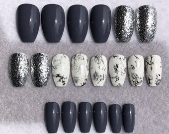 Dark Gray And Marble Fake Marble Nails, Faux Nails, Gray, Marble Accents, Glitter, Glue On Nails, Marble Nails, Press Ons, Gloss, Matte