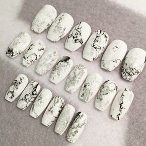 White Faux Marble Nails, Fake Nails, White, Black Nails, Marble Design, Press On Nails, Glue On Nails, Stone, White Marble, Gloss, Matte image 5