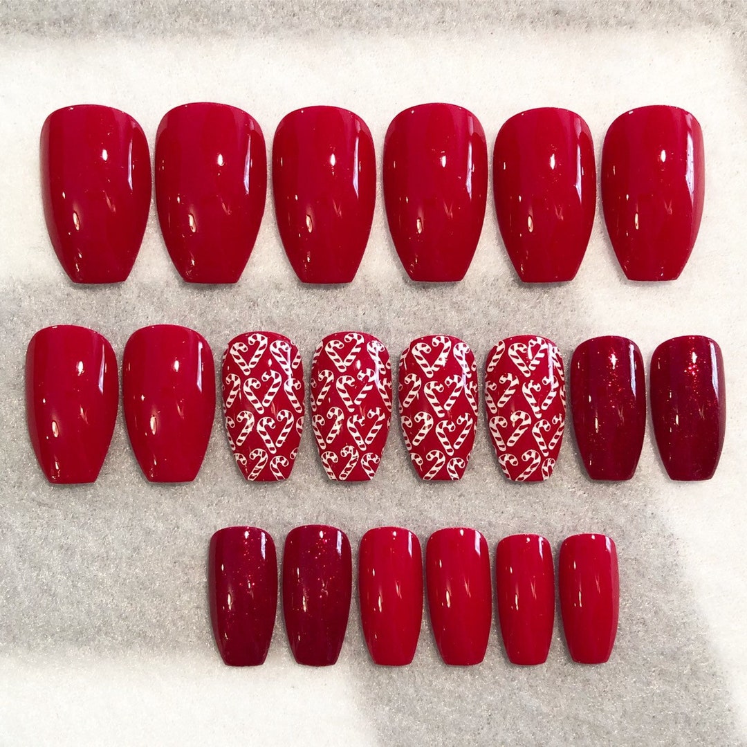 Candy Cane Fake Nails, Faux Nails, Glue on Nails, Red, Candy Cane Nails, Winter Nails, Holiday