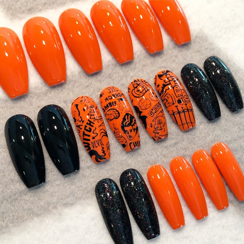 Halloween Fake Nails Faux Nails Glue On Nails Orange Etsy