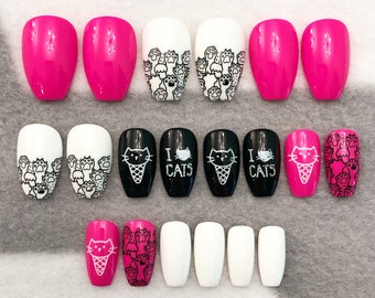 Cat Lover Fake Nails, Faux Nails, Glue On Nails, Hot Pink Nails, Black, Cat Nails, Cat Lover, Meow, Gloss, Matte Nails