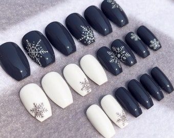 Gray Snowflake Fake Nails, Faux Nails, Glue On Nails, Dark Gray, Gray Nails, White, Snowflake Nails, Winter, Gloss, Matte